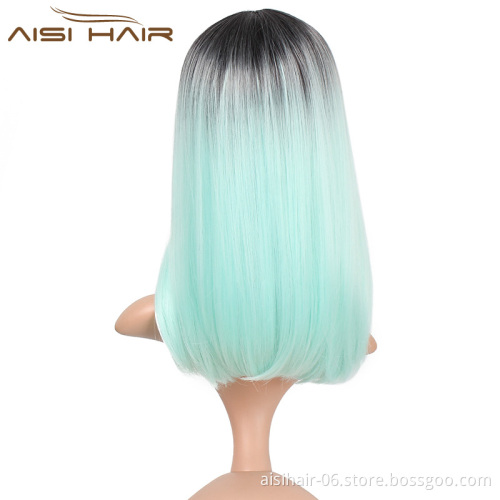 Aisi Hair Wholesale Middle Length Silky Straight Ombre Blue Bob Wig Cosplay Afro Synthetic Bob Wigs For Black Women